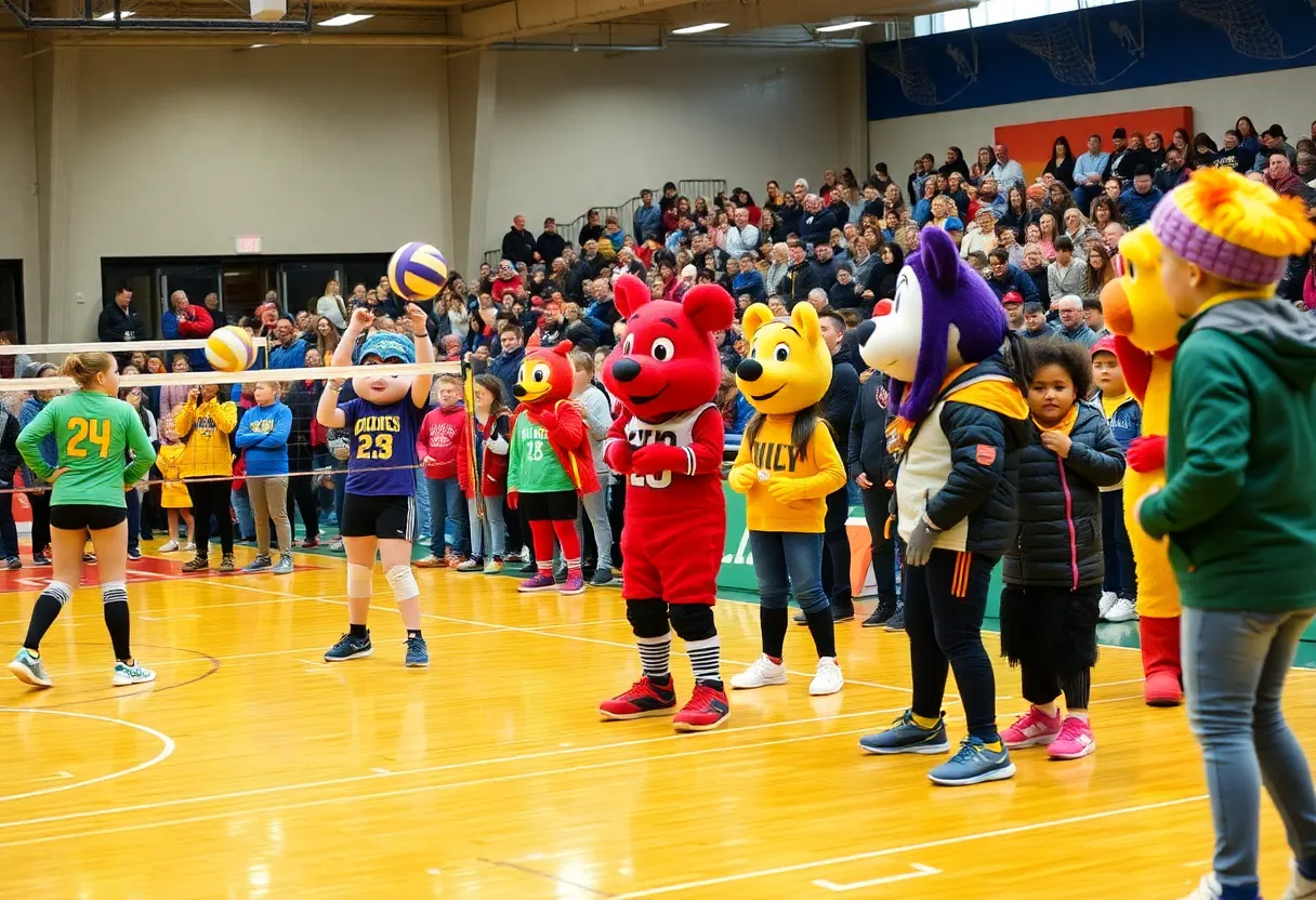 Community celebration with volleyball activities and mascots.