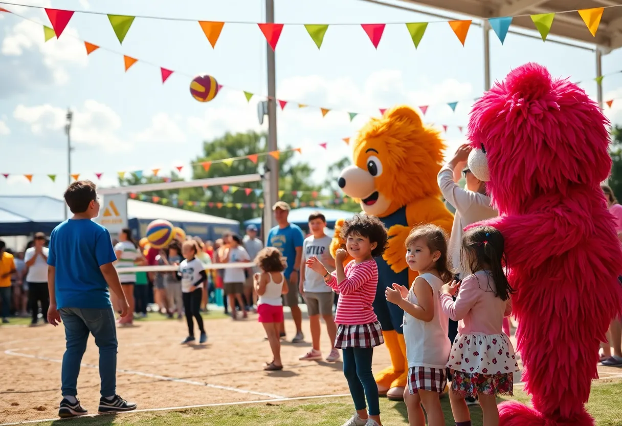 Families enjoying Pepper's birthday celebration with mascots and volleyball activities.