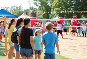 Families enjoying the Indy Ignite Pepper's birthday celebration with volleyball activities and mascots.