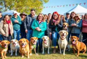 A joyful dog posing with its owner during a pet photoshoot event supporting Alzheimer's research.