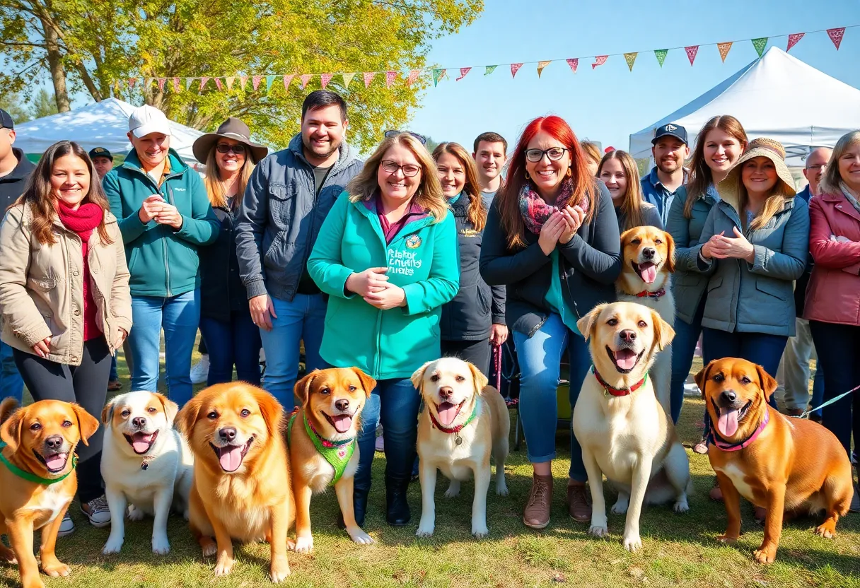 A joyful dog posing with its owner during a pet photoshoot event supporting Alzheimer's research.