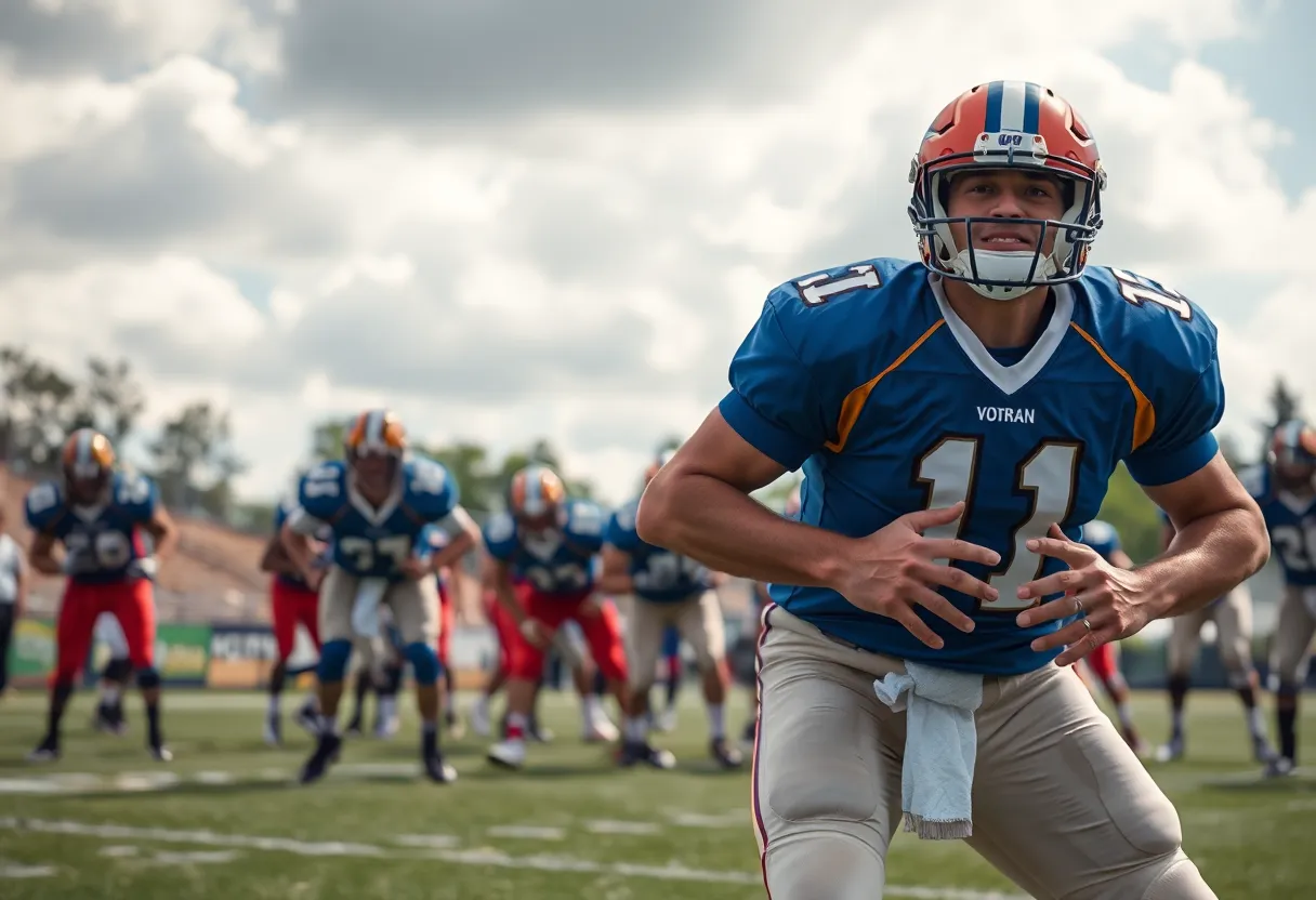 A quarterback practicing on the field, symbolizing teamwork in sports.
