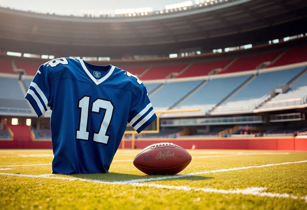 The field at the Colts stadium with an artistic representation of a football jersey and a football.