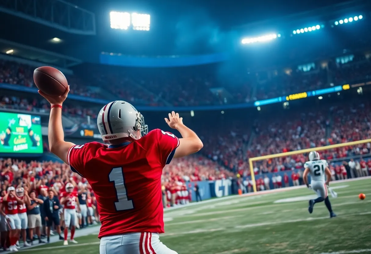Football players on the field with fans cheering in the background