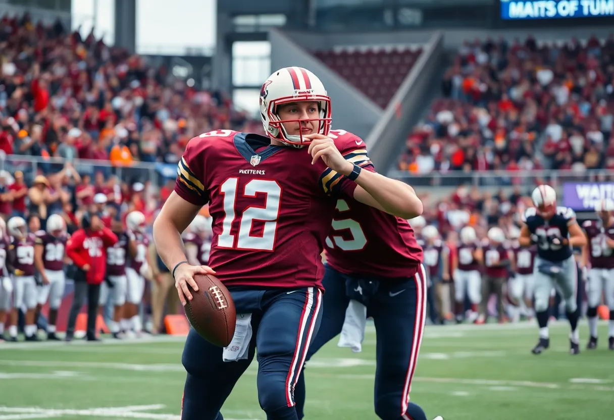 Veteran quarterback taking position on the field during practice.