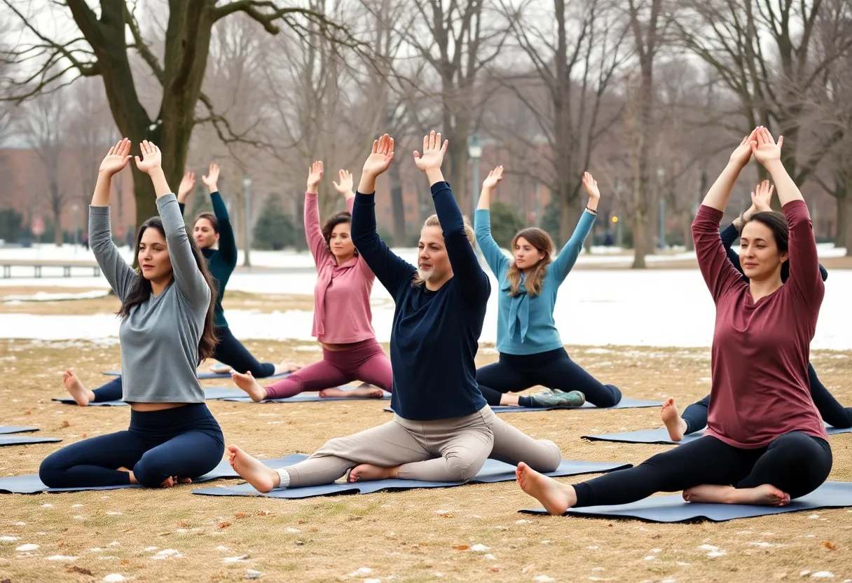 Group doing Pilates in Broad Ripple Park during winter