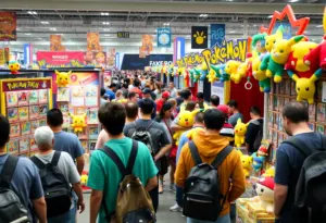 A vibrant Pokémon trading card show with enthusiastic attendees and various merchandise booths.