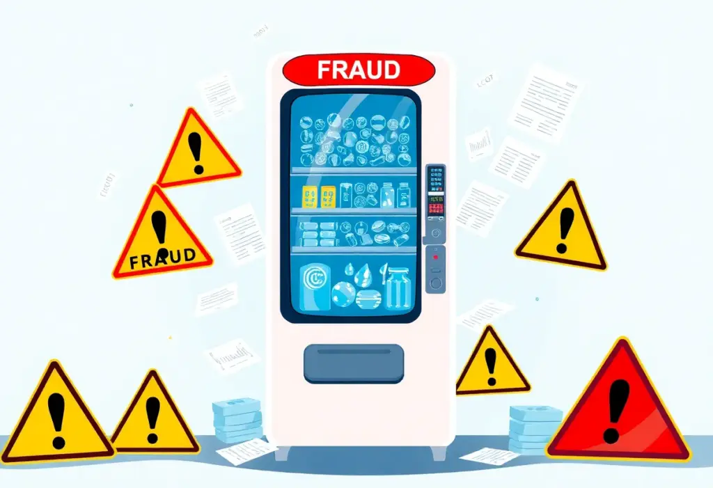 Illustration depicting water vending machines and financial fraud concepts.