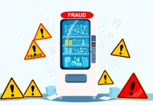 Illustration depicting water vending machines and financial fraud concepts.
