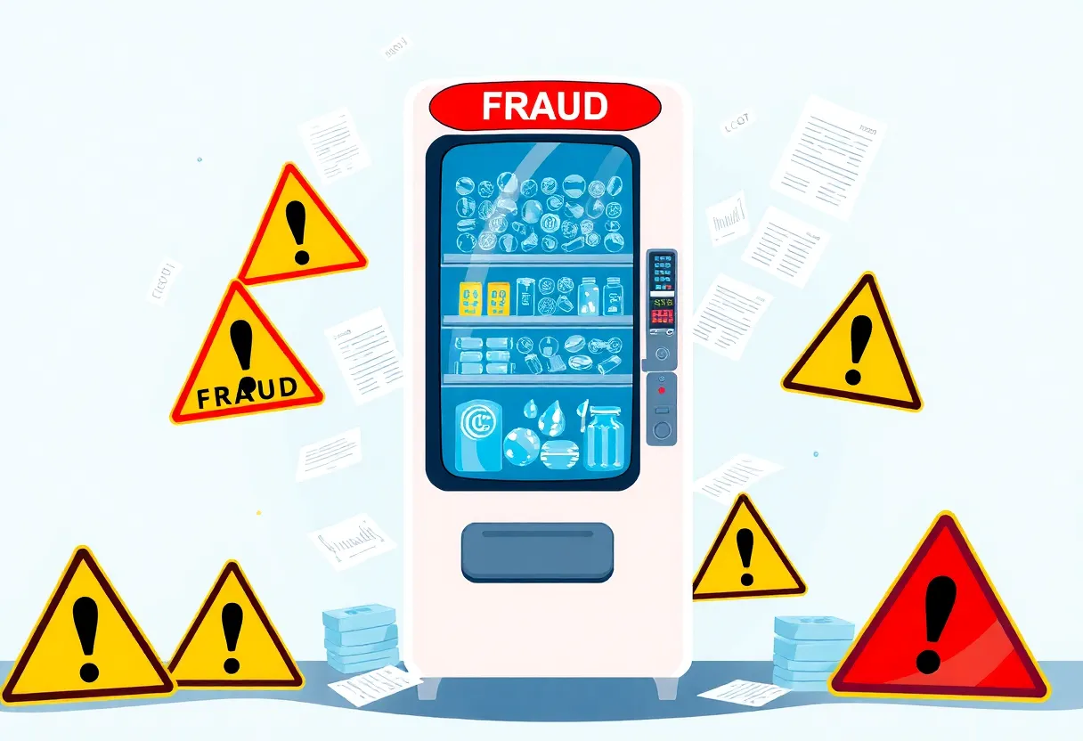 Illustration depicting water vending machines and financial fraud concepts.