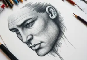 Detailed portrait drawing on a sketch pad with art supplies