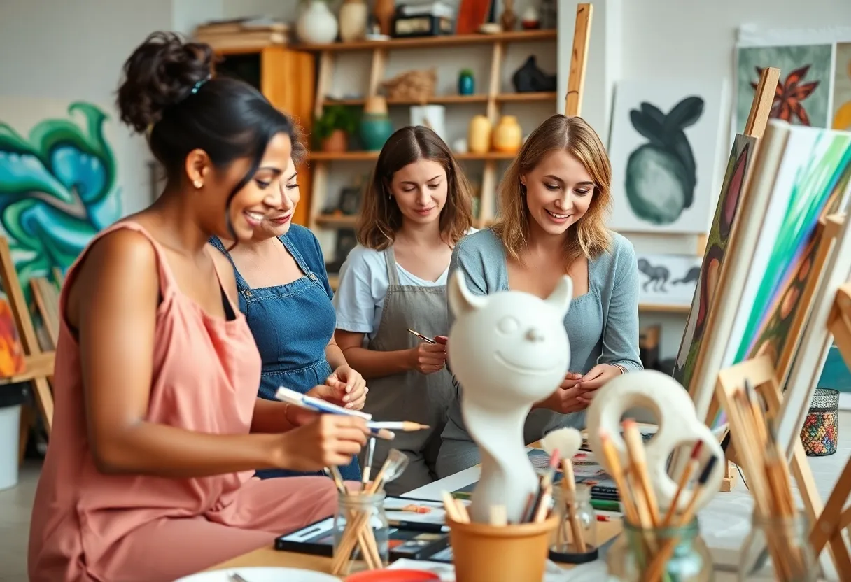 Mothers participating in a postnatal art class with various art supplies