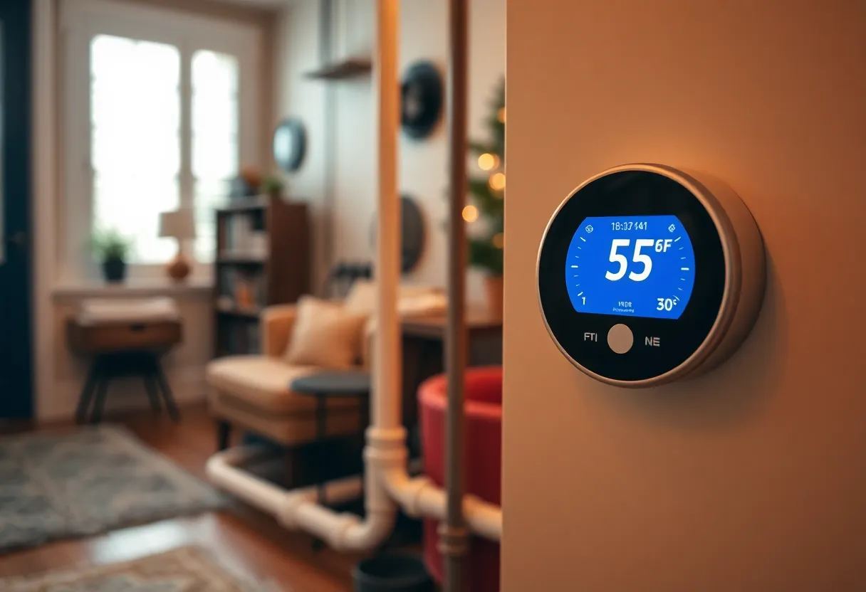 A home interior showcasing insulated pipes and a thermostat set to a safe temperature.
