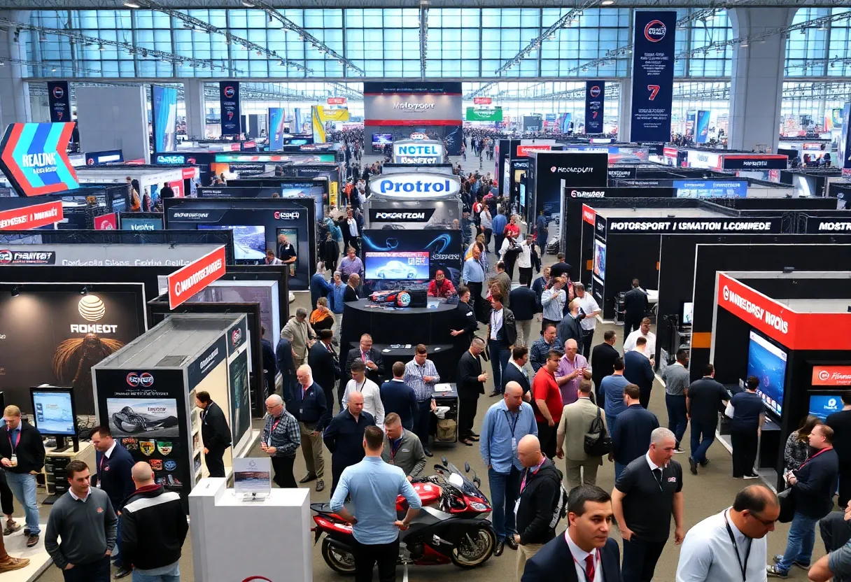 A vibrant scene at the PRI Show 2025 showcasing motorsports technology