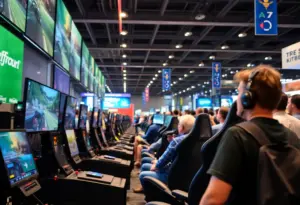 Spectators enjoy the SIM Racing Arena at the PRI Show in Indianapolis