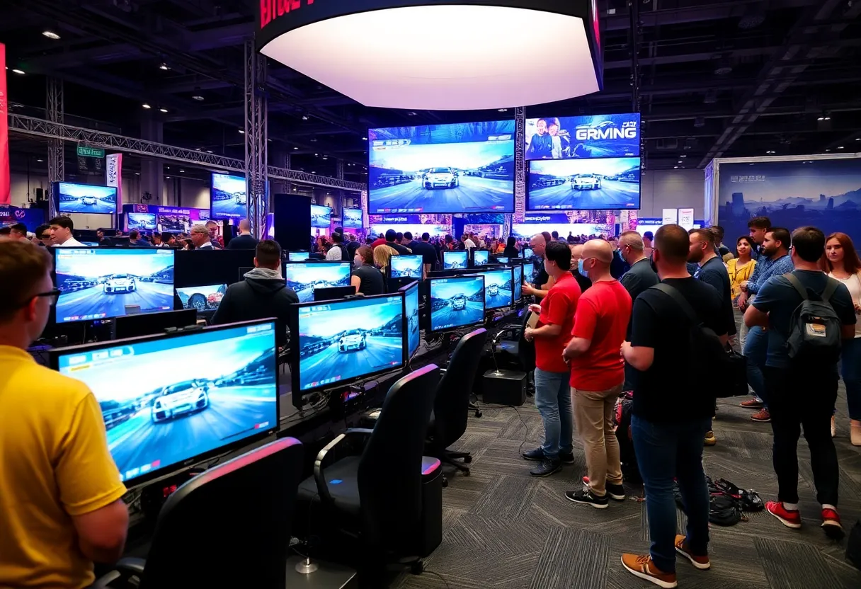 Sim racing setup at the PRI Show with interactive demos and attendees