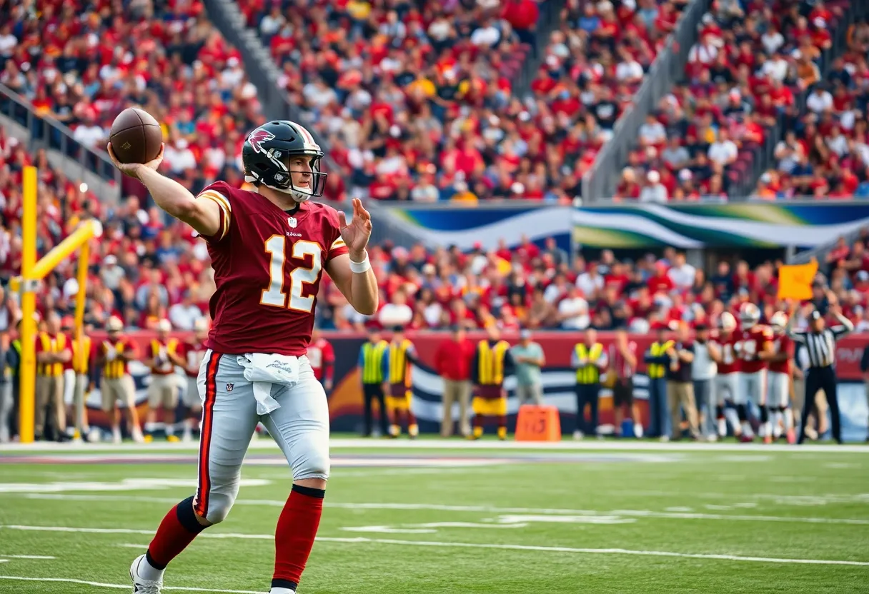 Quarterback throwing a pass during a Pro Bowl game with cheering fans in the background.