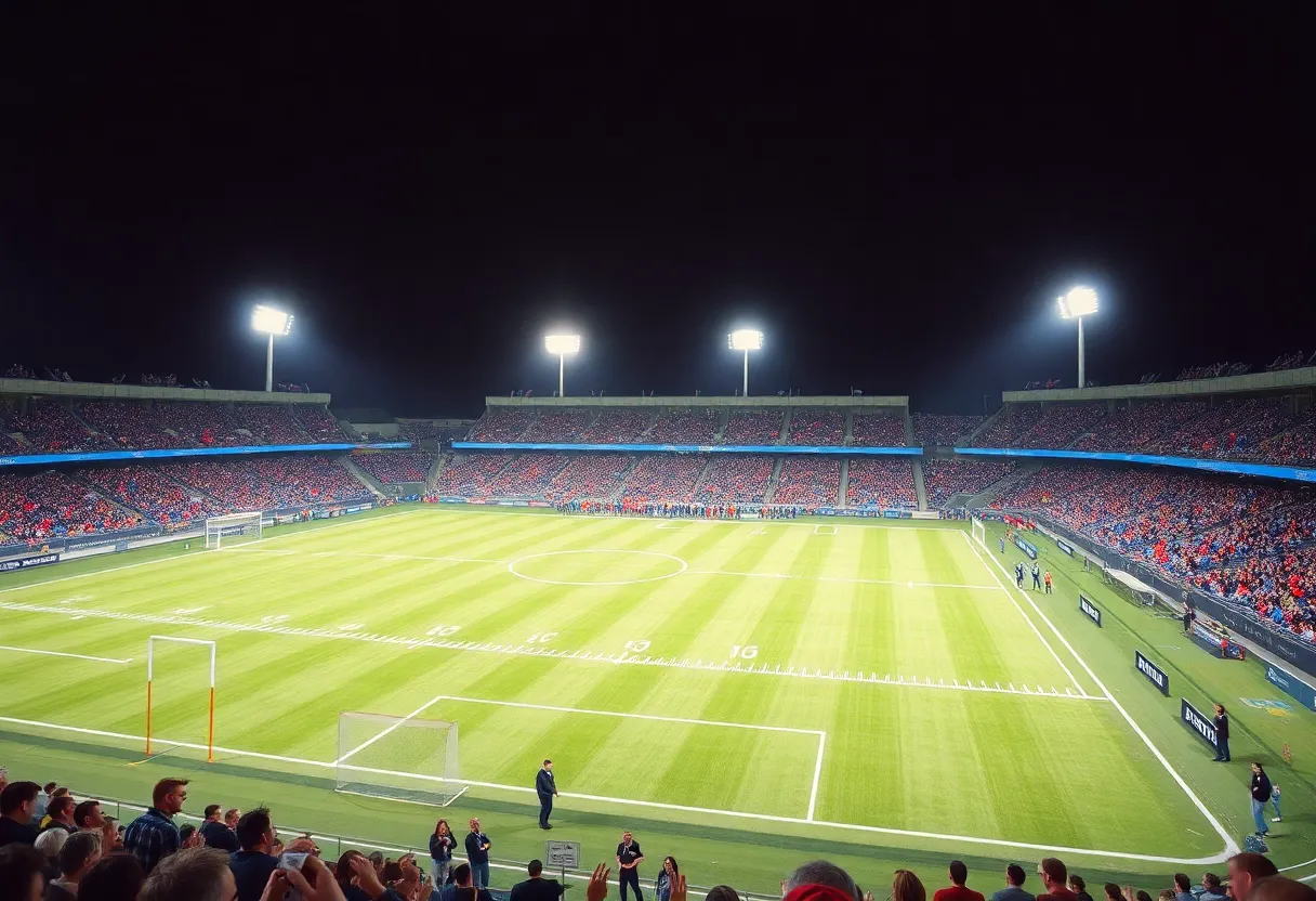 A lively football field filled with fans during a night event.