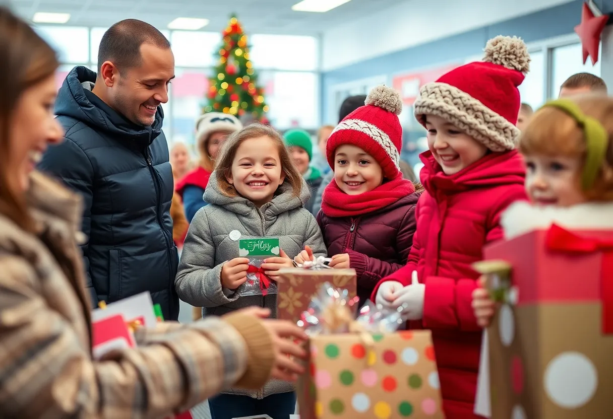 Children receiving gifts from the Clothe-A-Child program