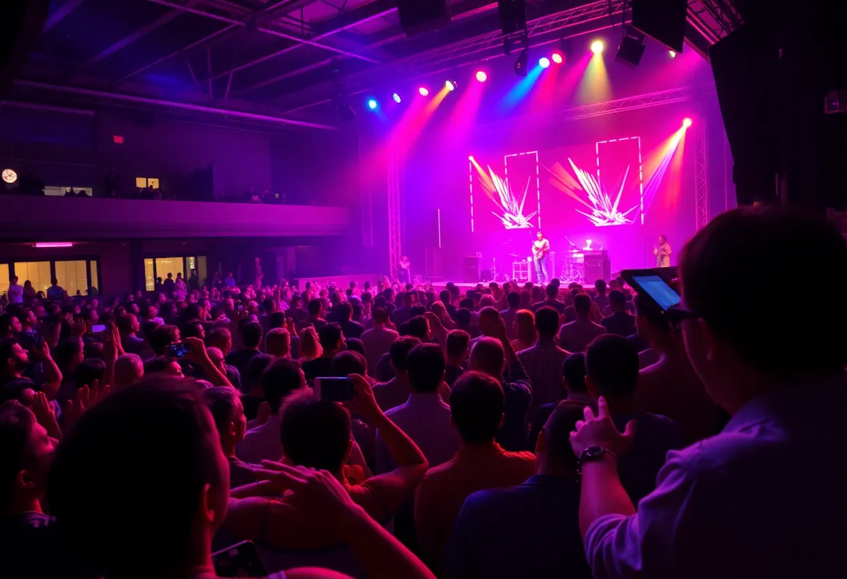 Concert at HI-FI Indy featuring a live band and enthusiastic audience.