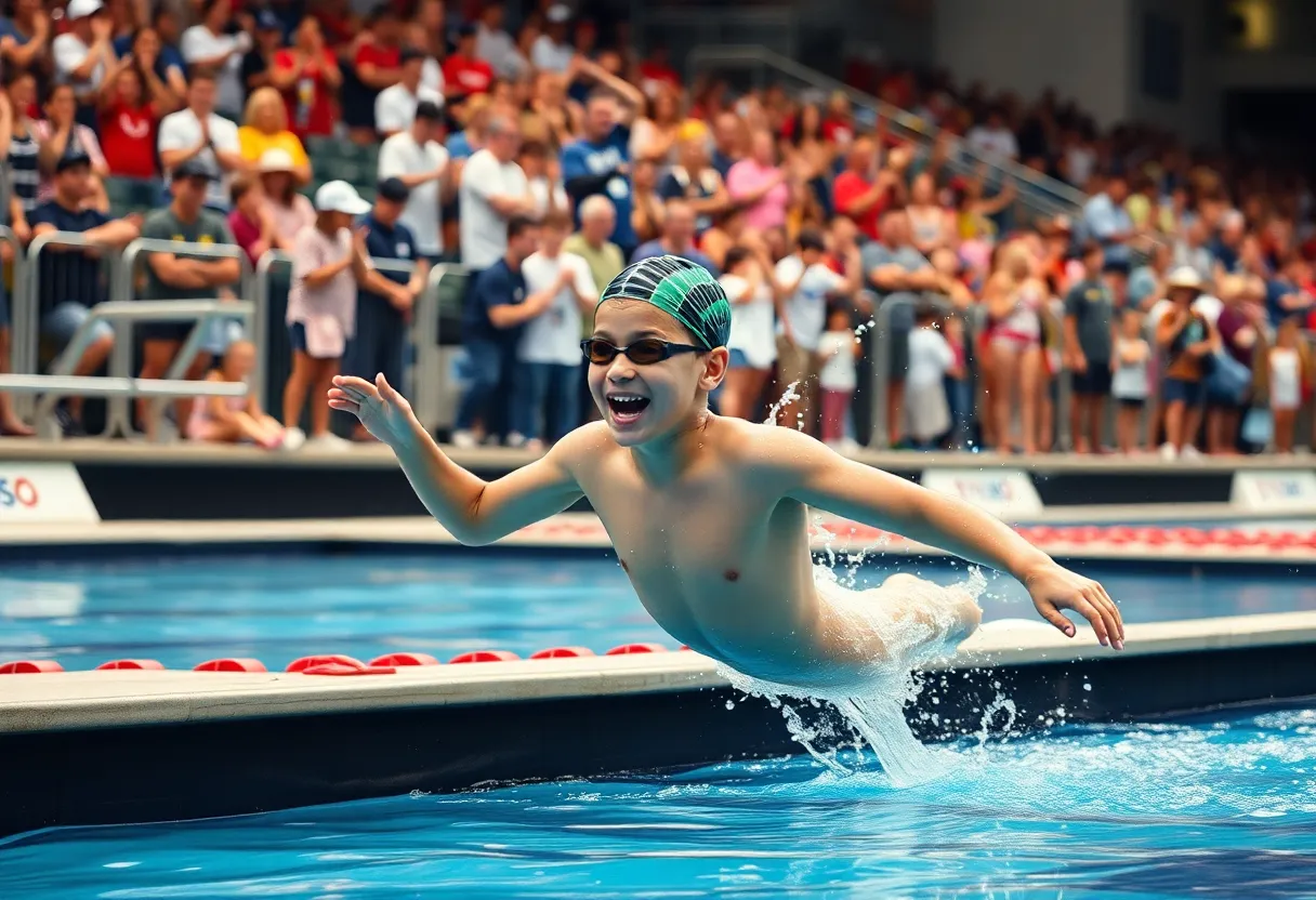 Young swimmer breaking a NAG record at a championship
