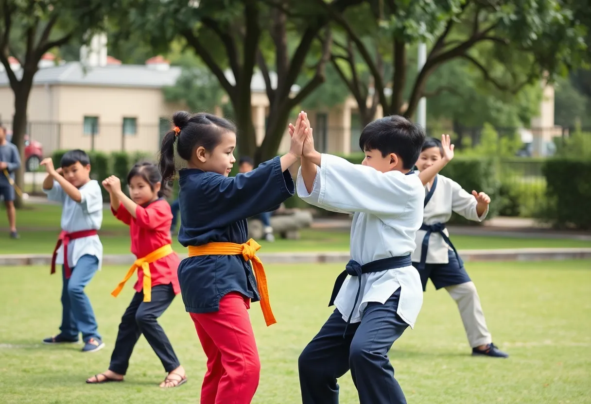 Participants practicing Sanchin Ryu Karate in a park