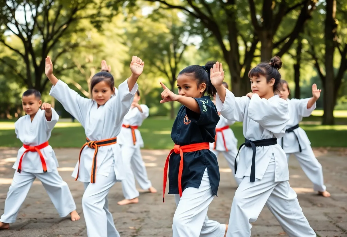 Families practicing Sanchin Ryu Karate at Broad Ripple Park