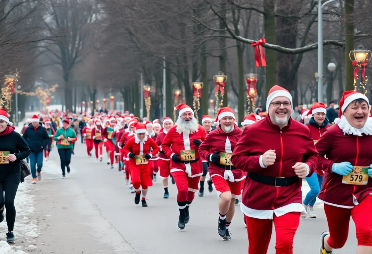Participants in Santa costumes running at White River State Park