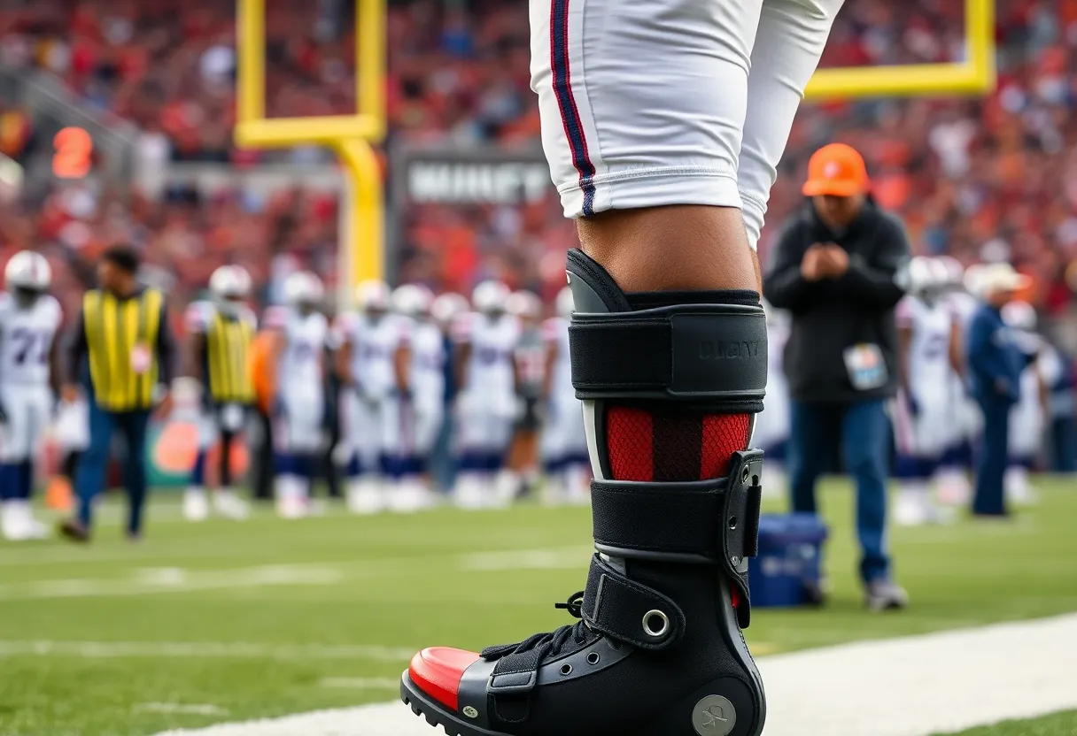 NFL player in walking boot on sidelines