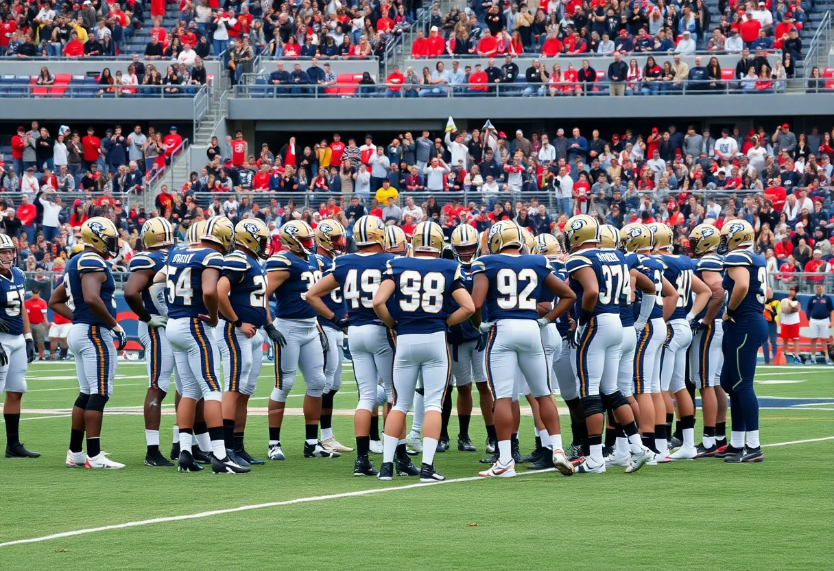 Seattle Seahawks team huddle on the football field