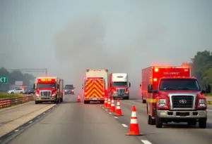 Emergency crews responding to a semi-truck crash and fire on I-465