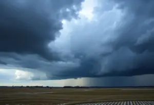 Dark storm clouds over Indiana landscape