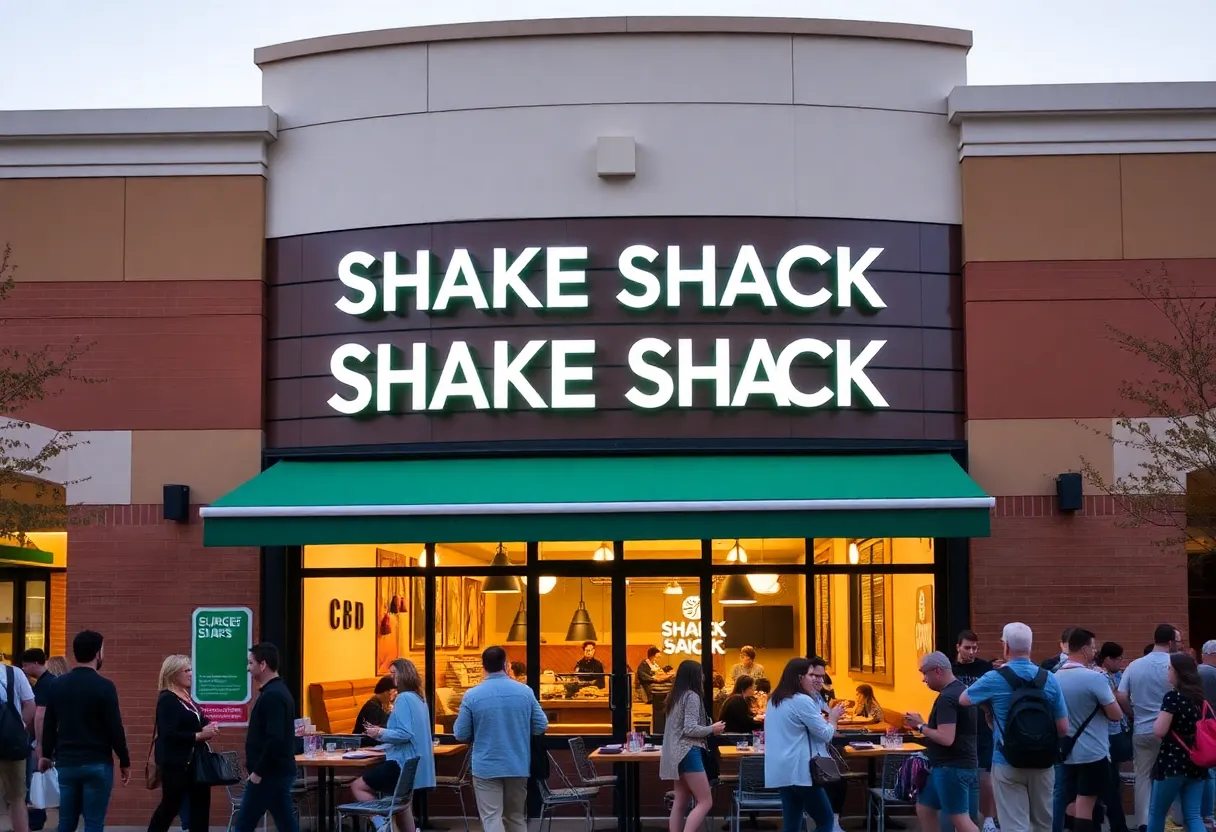Exterior view of Shake Shack in Jeffersonville, Indiana, with customers dining outdoors.