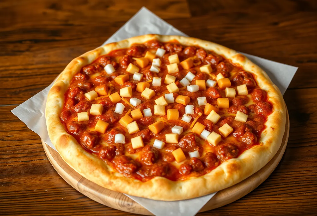 Skyline Cheese Coney Pizza with chili and toppings