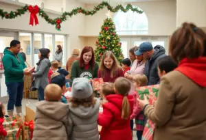 Community members participating in the Spirit of Christmas giveaway event in Gary, Indiana with decorations and gifts.