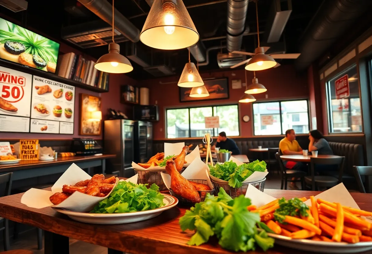 Interior of Taste of Innova Wings + Greens restaurant showcasing dishes and vibrant decor.