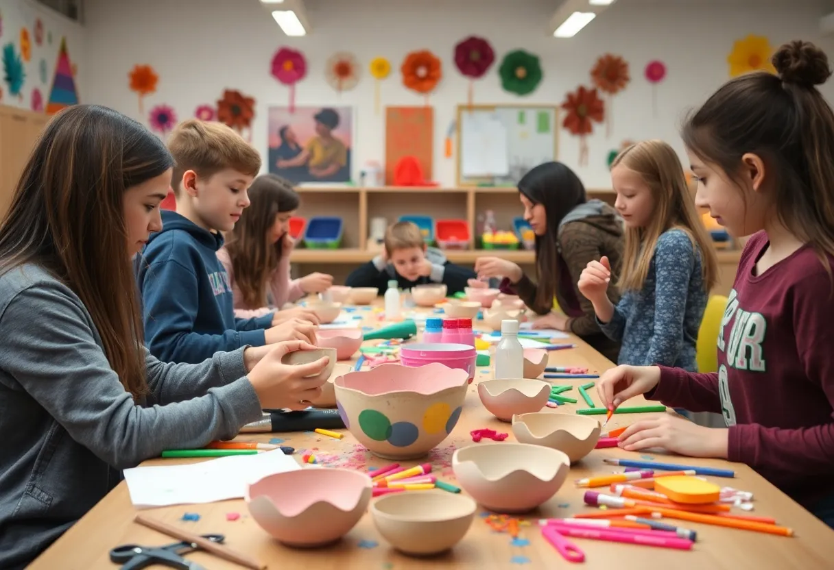 Teenagers participating in a hands-on paper-mâché workshop at the Seattle Art Center.