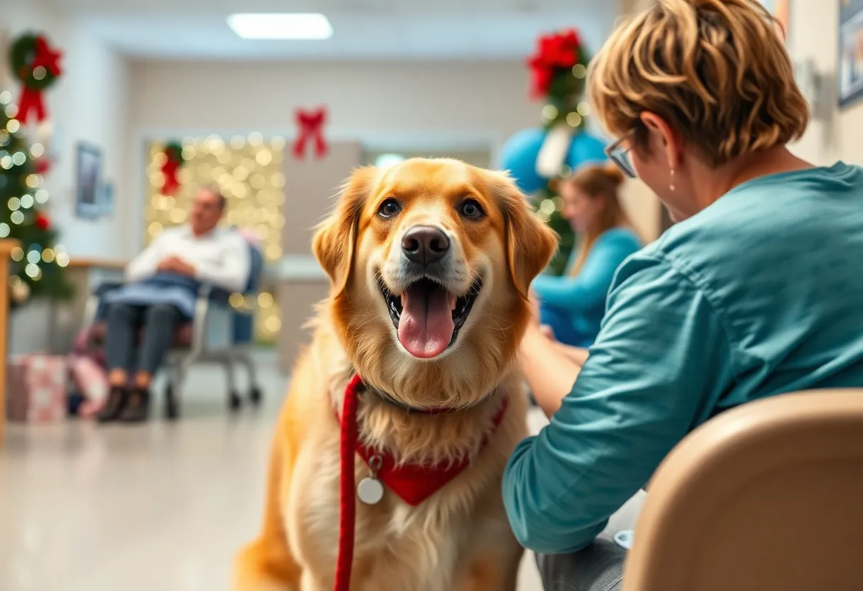 Therapy dog providing comfort to a hospital patient during the holidays.