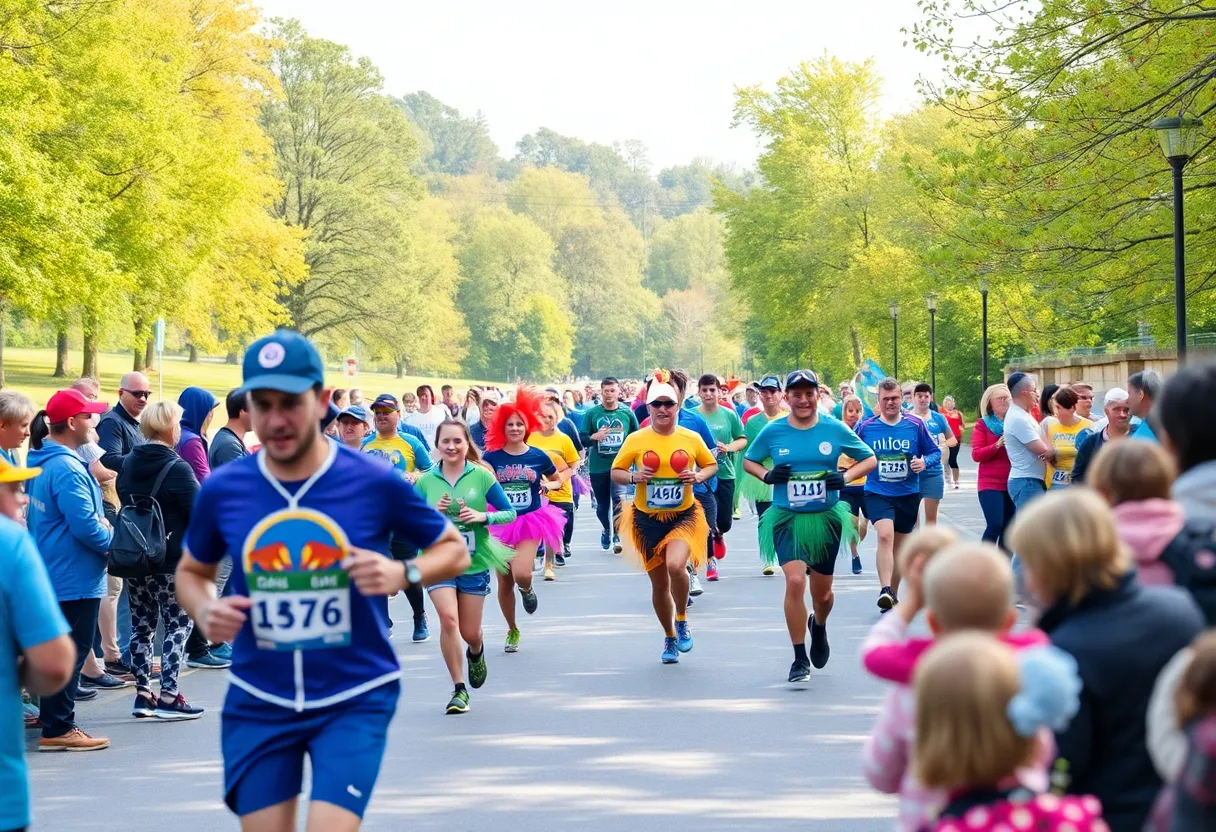 Runners participating in the Time Travel Half-Marathon in Indianapolis, showcasing colorful costumes.