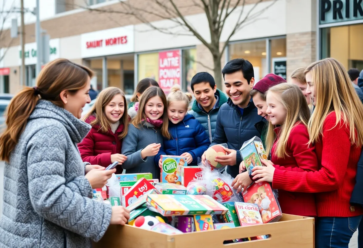 Families donating toys for the Toys for Tots initiative in Indianapolis