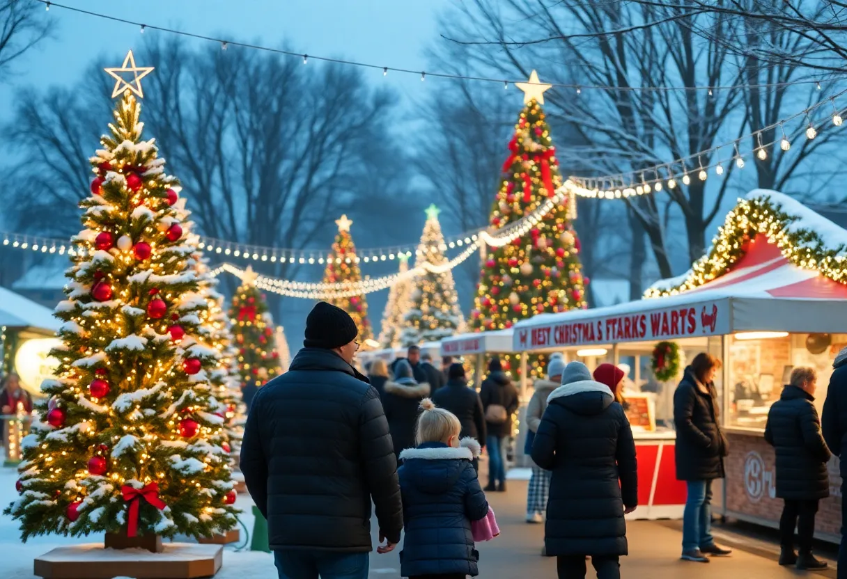 Families enjoying the Trees of Plainfield holiday event with Christmas trees and festive activities.