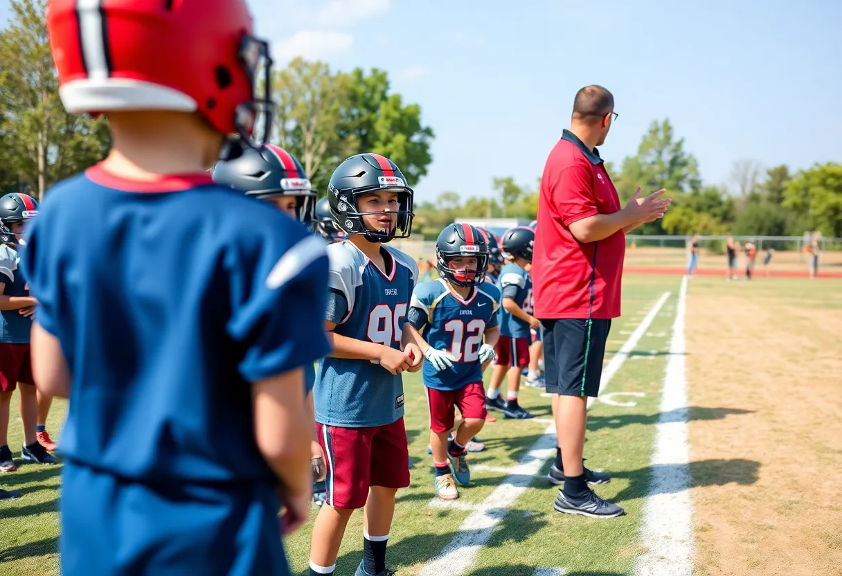 Coach guiding young athletes at Miami Springs Senior High football practice