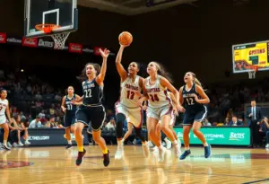 A women's basketball team showcasing their athleticism on the court during a game.