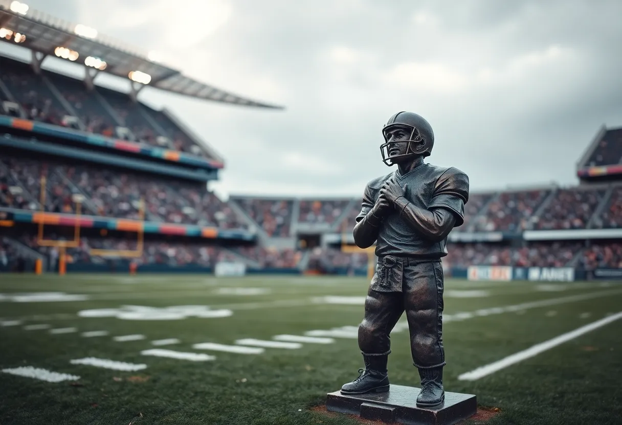 Statue of a veteran quarterback on a football field