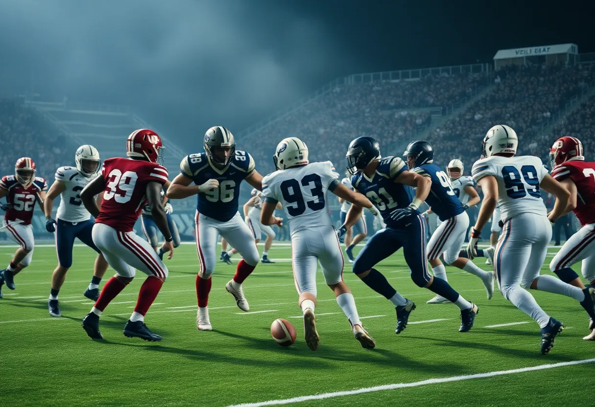 Players from the Vikings and Cowboys competing in a football game