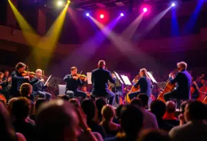 Vitamin String Quartet performing at a concert in Bloomington, IN.