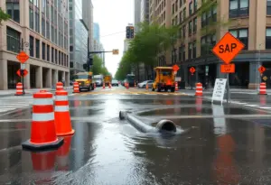 Crews working on a water main break at a flooded intersection in Indianapolis