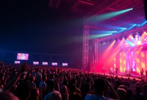 Crowd enjoying a concert with vibrant stage lights.