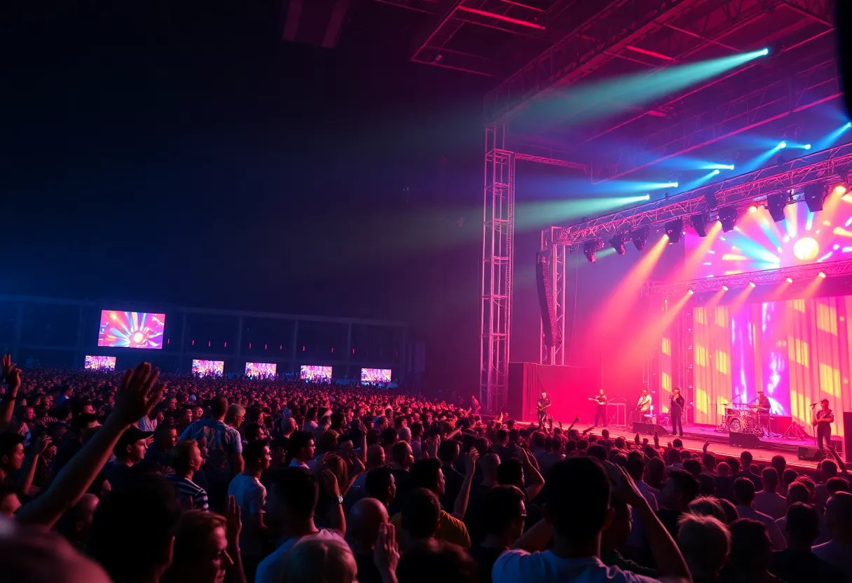 Crowd enjoying a concert with vibrant stage lights.