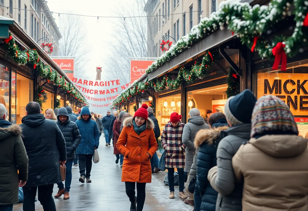 Winter market scene in Indianapolis with snow and local shops.